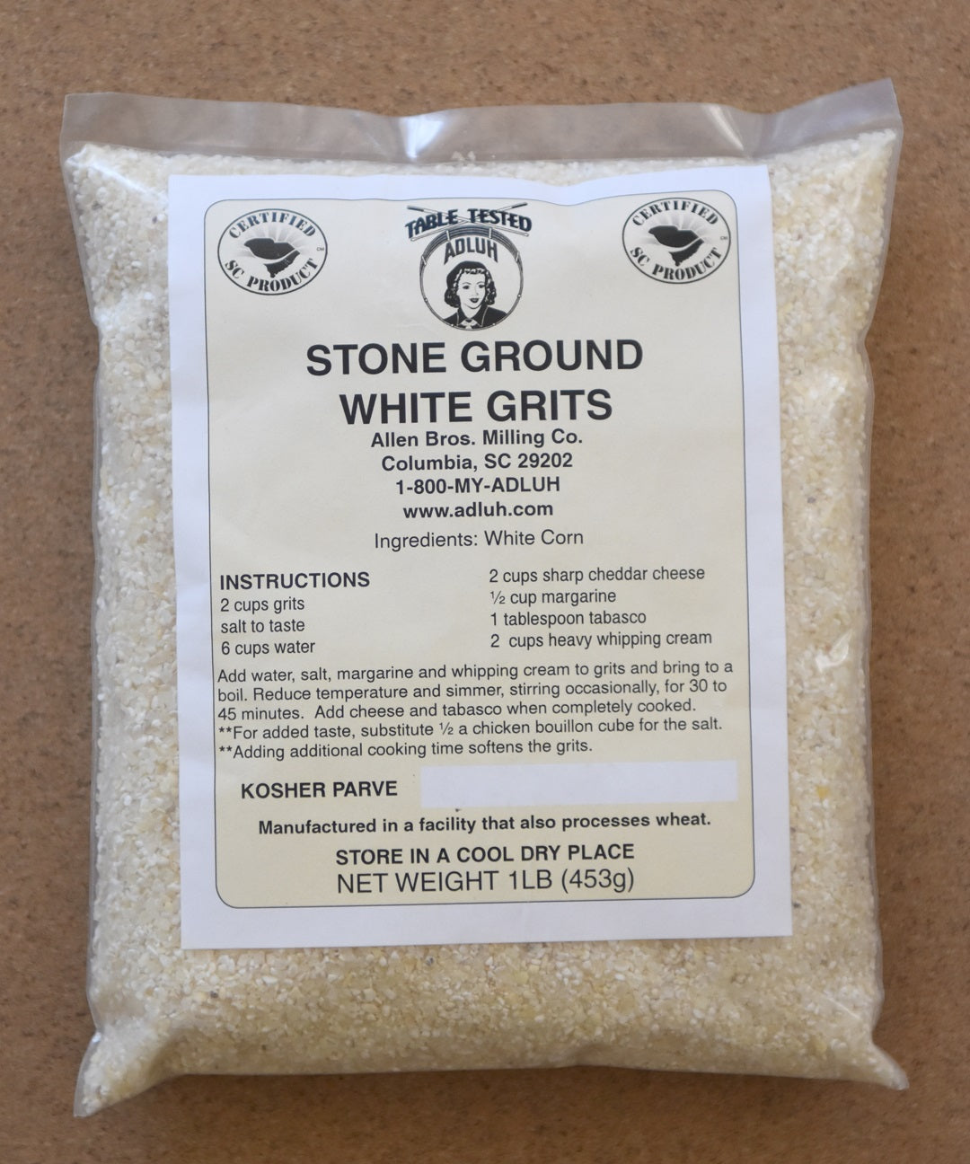 Adluh Stone Ground White Grits - 1 pound bag