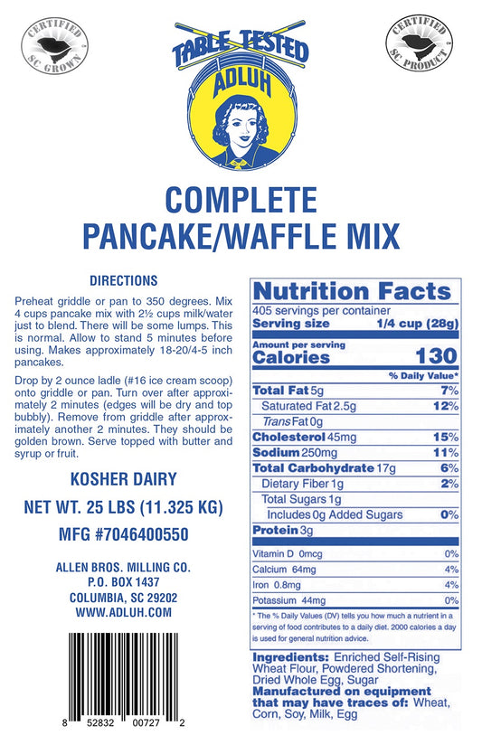 Adluh Complete Pancake/Waffle Mix - 25 pound bag